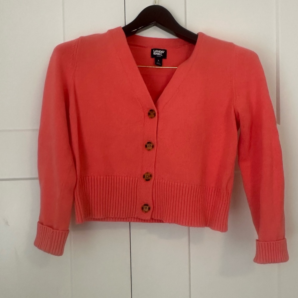 Lands' End Coral V-Neck Button Crop Cardigan Sweater S